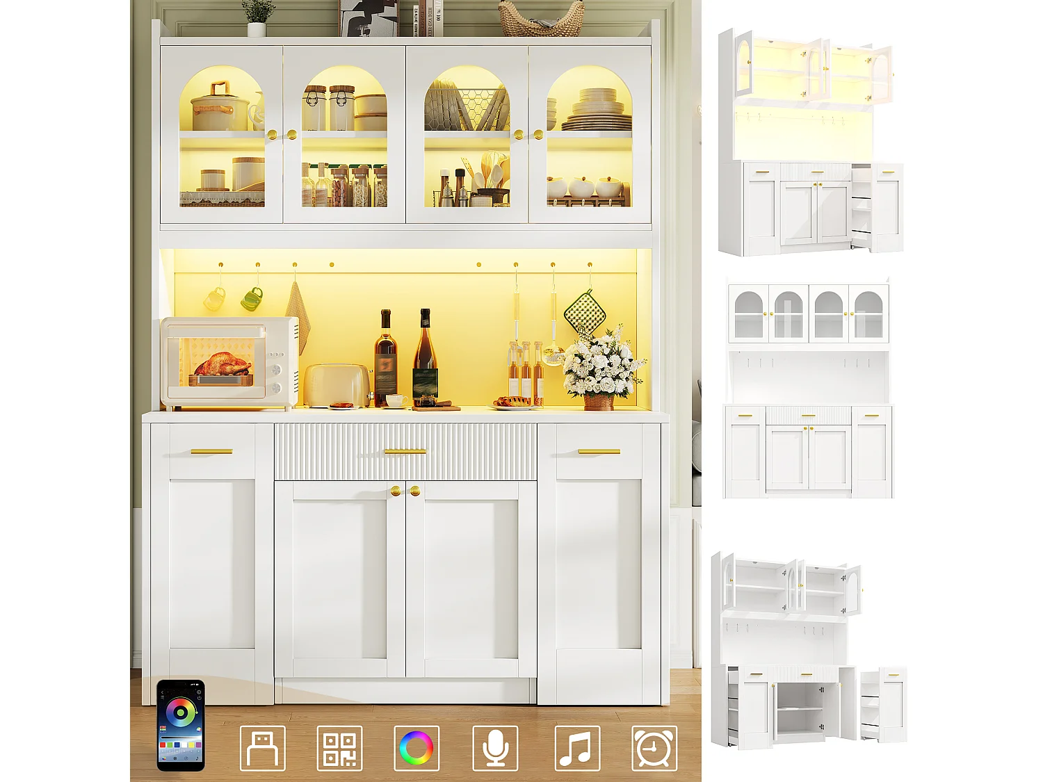 Buffet Hochschrank Küche 120cm - Vitrine mit LED-RGB-Beleuchtung verbunden, 3 verglaste Fächer, seitliche Schiebeablagen, Modernes Design - Weiß