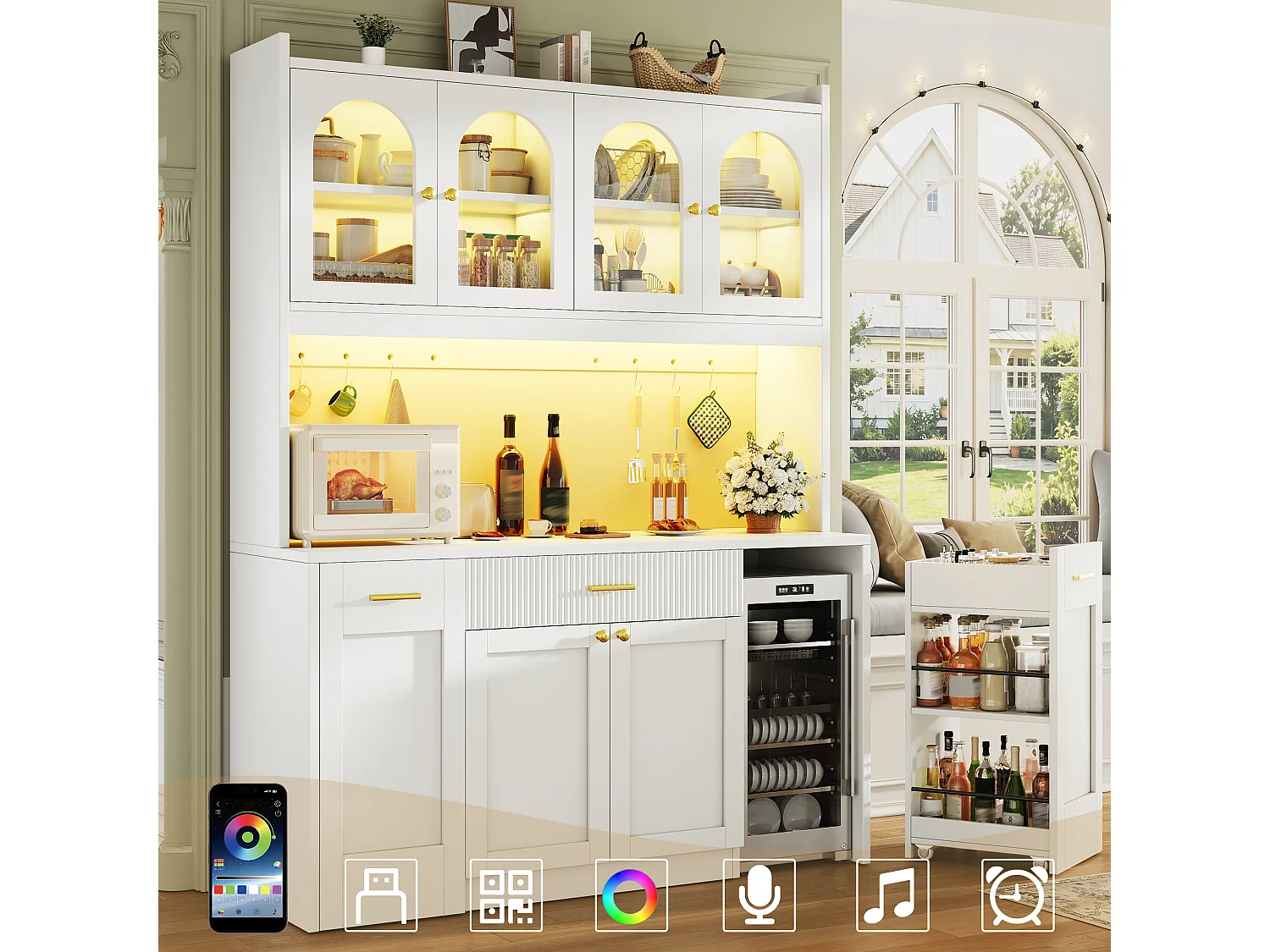 Buffet Hochschrank Küche 120cm - Vitrine mit LED-RGB-Beleuchtung verbunden, 3 verglaste Fächer, seitliche Schiebeablagen, Modernes Design - Weiß