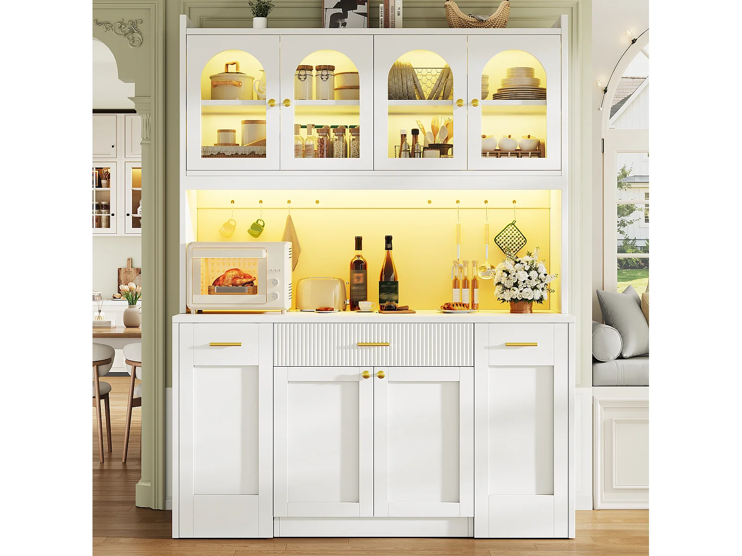 Buffet Hochschrank Küche 120cm - Vitrine mit LED-RGB-Beleuchtung verbunden, 3 verglaste Fächer, seitliche Schiebeablagen, Modernes Design - Weiß