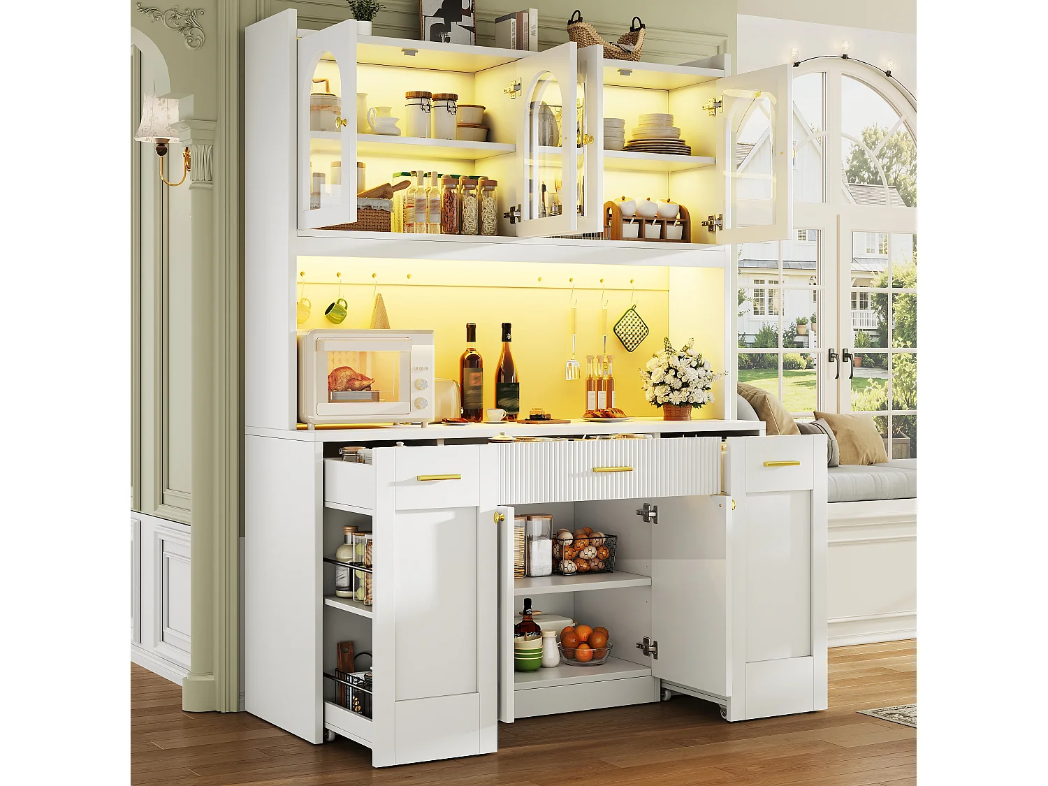 Buffet Hochschrank Küche 120cm - Vitrine mit LED-RGB-Beleuchtung verbunden, 3 verglaste Fächer, seitliche Schiebeablagen, Modernes Design - Weiß
