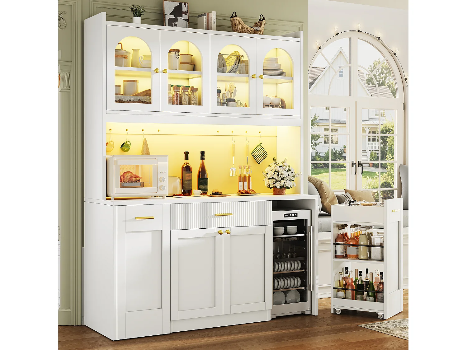 Buffet Hochschrank Küche 120cm - Vitrine mit LED-RGB-Beleuchtung verbunden, 3 verglaste Fächer, seitliche Schiebeablagen, Modernes Design - Weiß