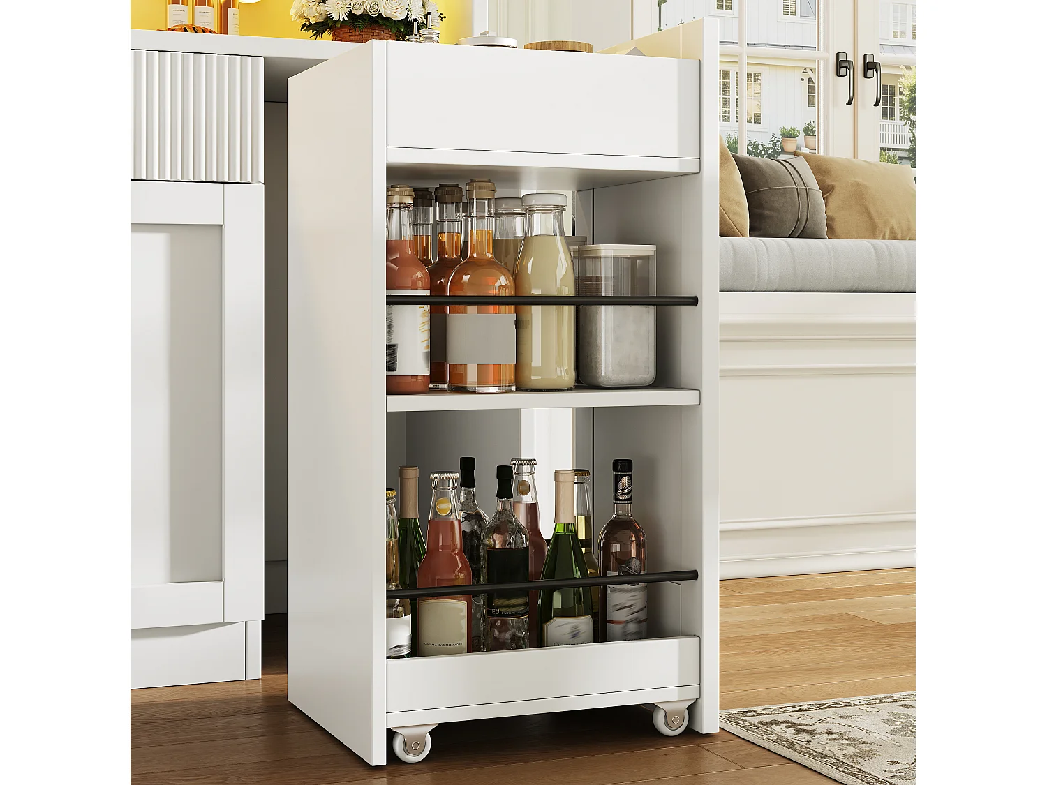 Buffet Hochschrank Küche 120cm - Vitrine mit LED-RGB-Beleuchtung verbunden, 3 verglaste Fächer, seitliche Schiebeablagen, Modernes Design - Weiß