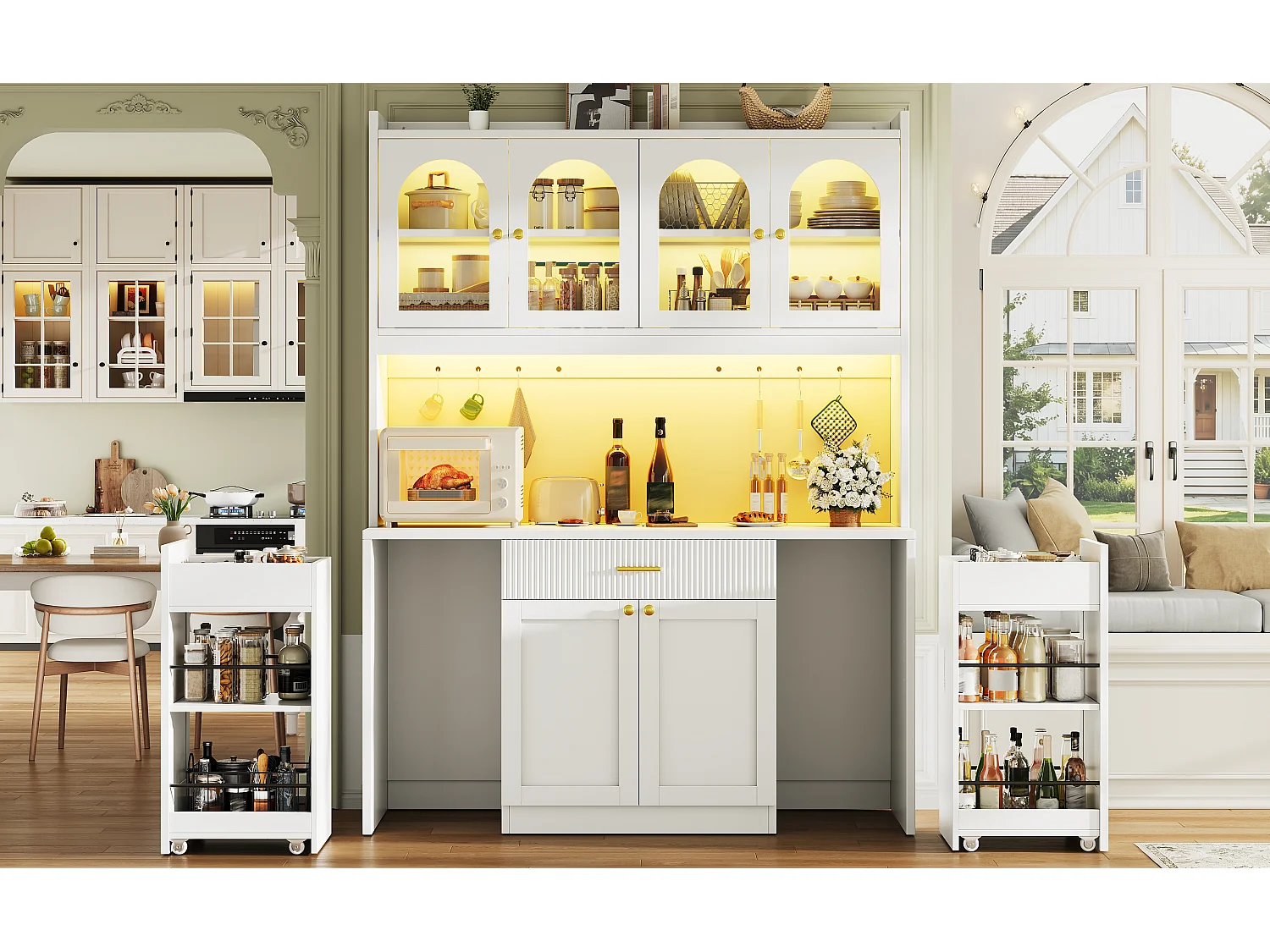 Buffet Hochschrank Küche 120cm - Vitrine mit LED-RGB-Beleuchtung verbunden, 3 verglaste Fächer, seitliche Schiebeablagen, Modernes Design - Weiß