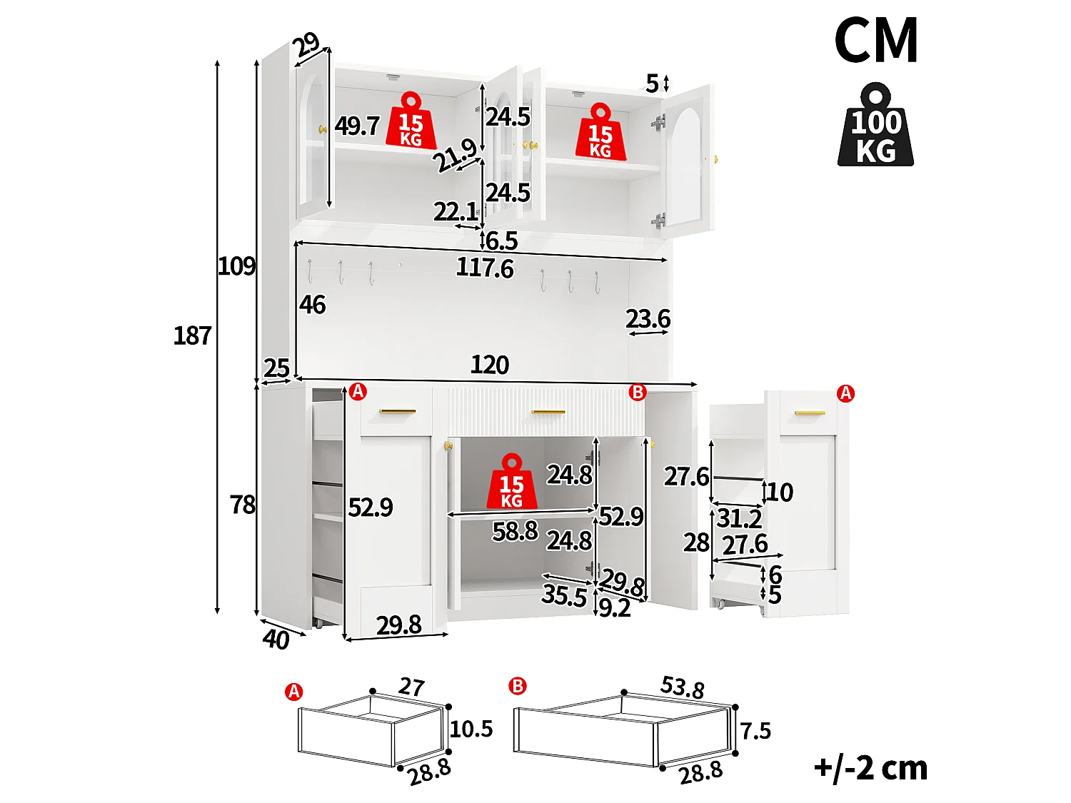 Buffet Hochschrank Küche 120cm - Vitrine mit LED-RGB-Beleuchtung verbunden, 3 verglaste Fächer, seitliche Schiebeablagen, Modernes Design - Weiß