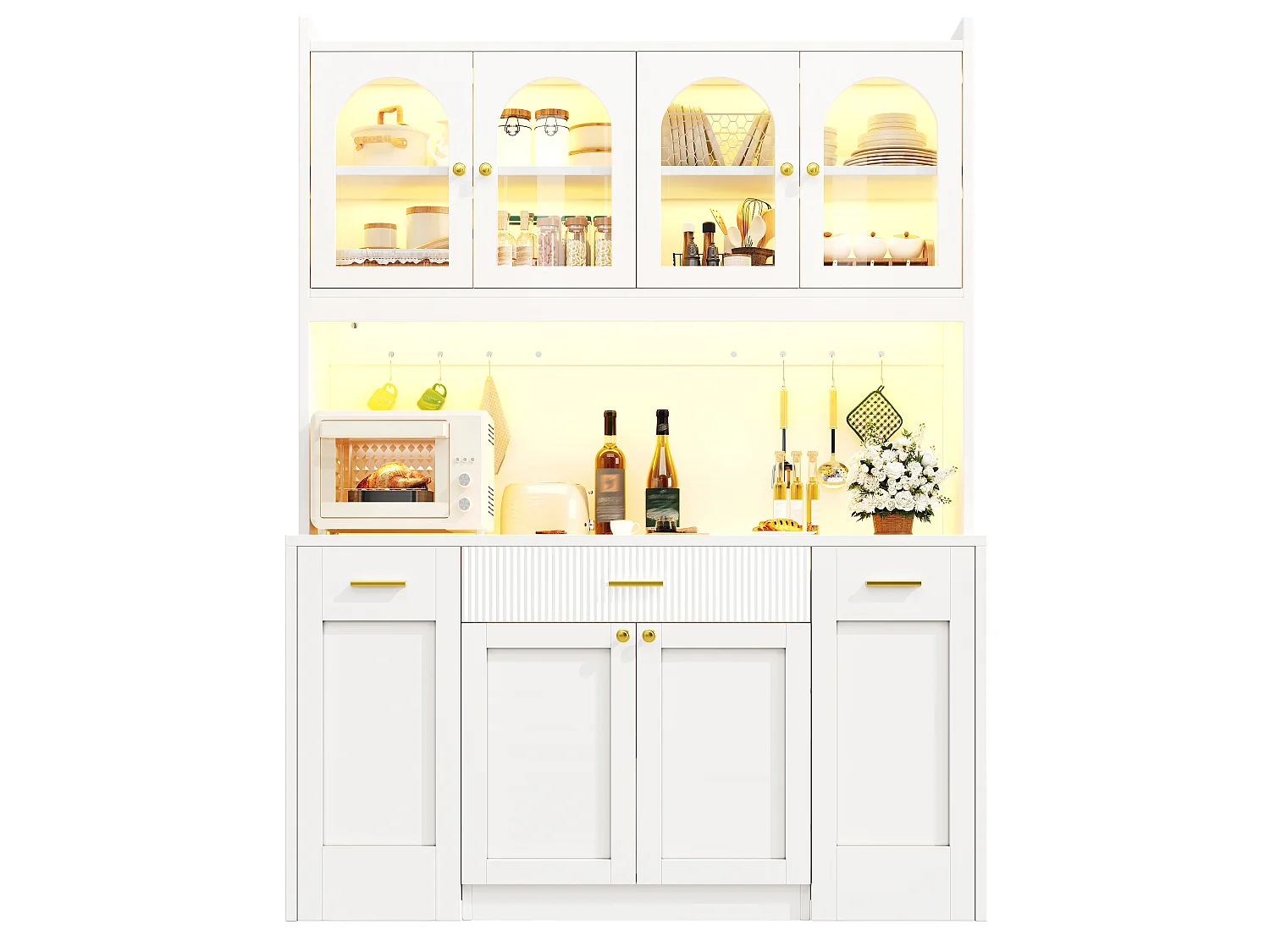 Buffet Hochschrank Küche 120cm - Vitrine mit LED-RGB-Beleuchtung verbunden, 3 verglaste Fächer, seitliche Schiebeablagen, Modernes Design - Weiß