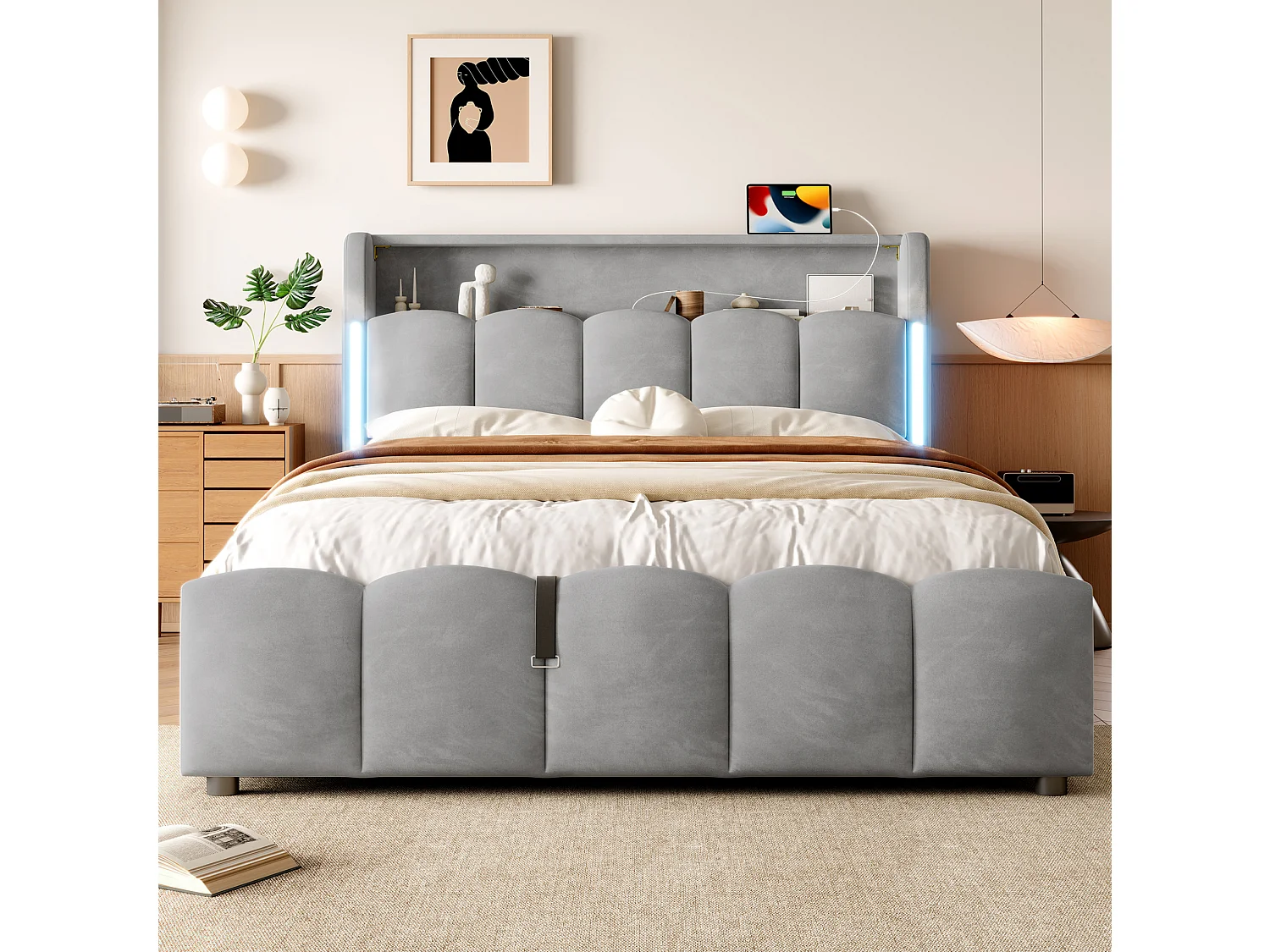 Lit coffre adulte 140x200 cm avec LED et ports USB - Velours gris