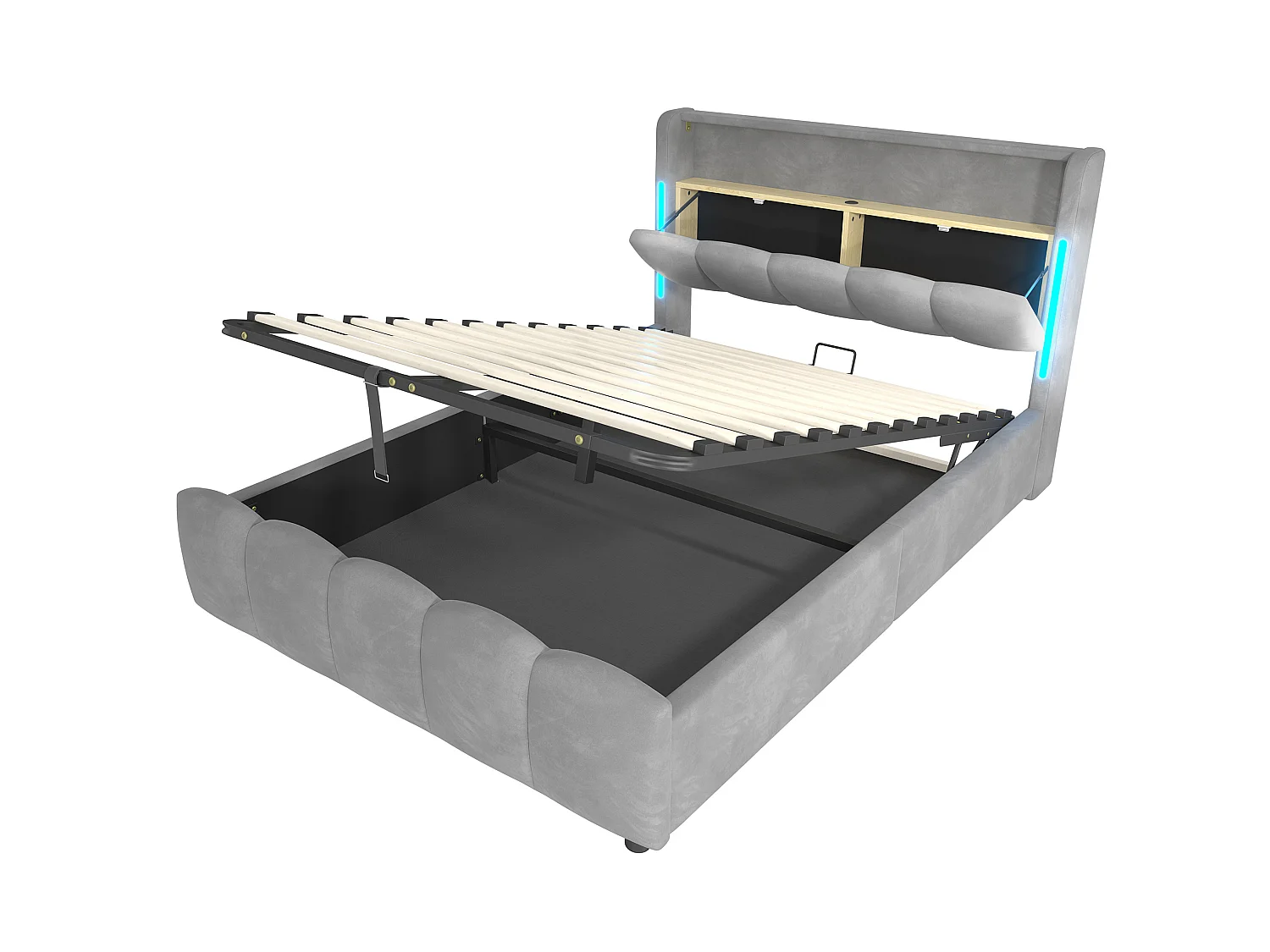Lit coffre adulte 140x200 cm avec LED et ports USB - Velours gris