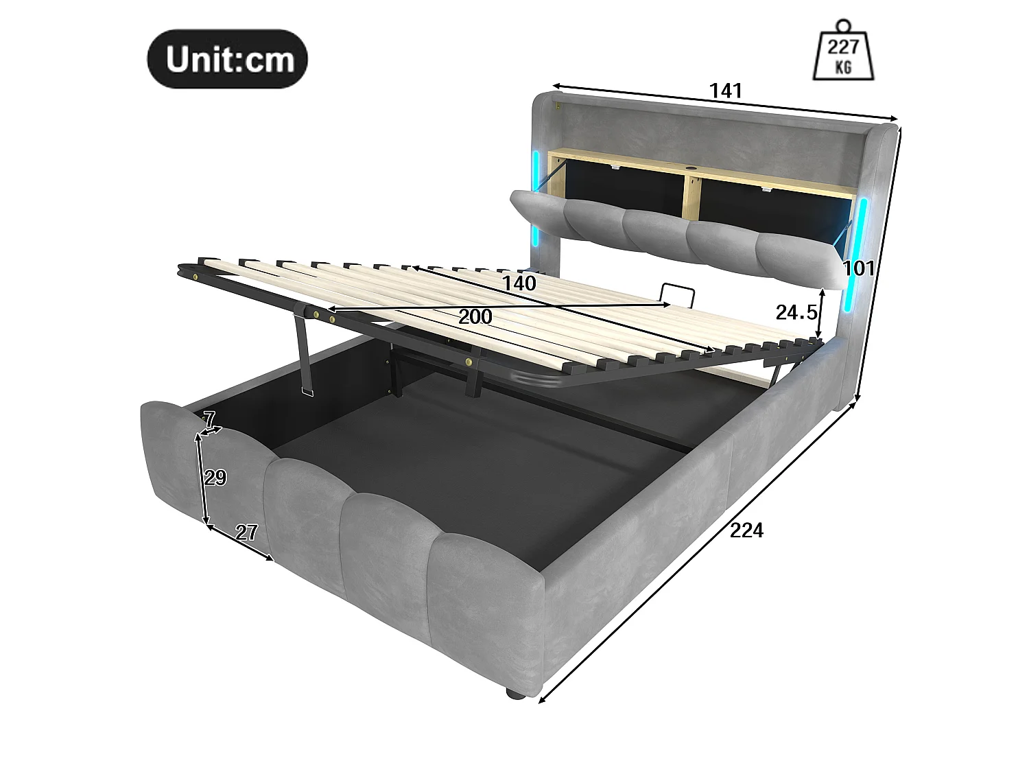 Lit coffre adulte 140x200 cm avec LED et ports USB - Velours gris