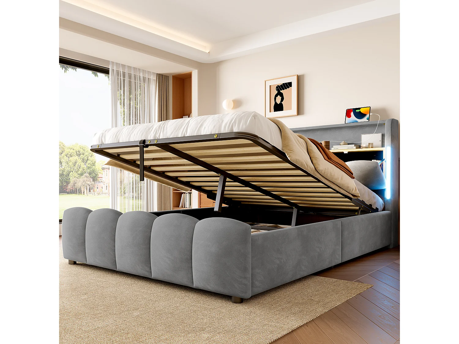 Lit coffre adulte 140x200 cm avec LED et ports USB - Velours gris