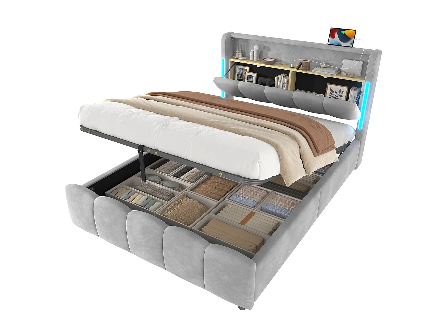 Lit coffre adulte 140x200 cm avec LED et ports USB - Velours gris