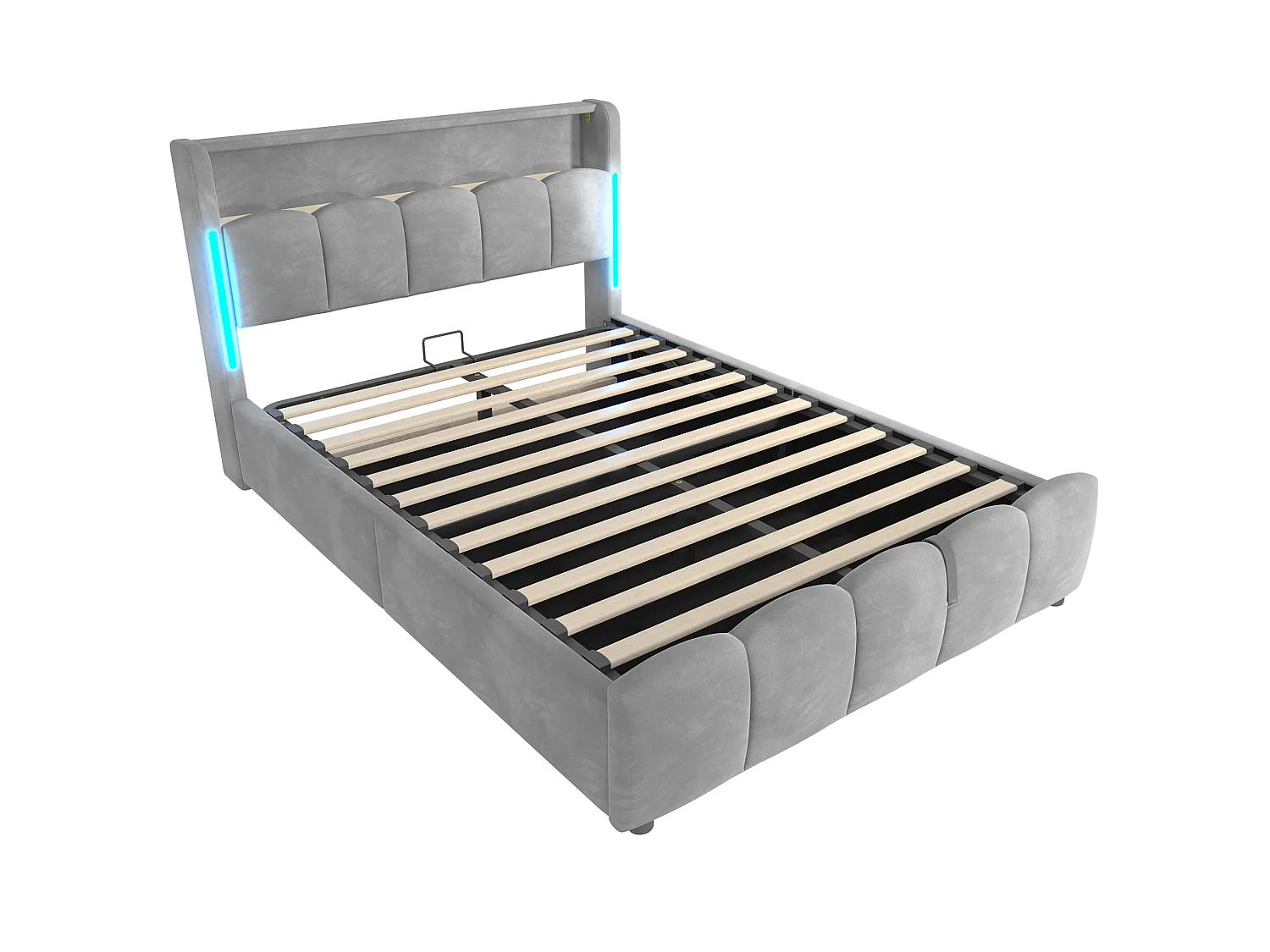 Lit coffre adulte 140x200 cm avec LED et ports USB - Velours gris