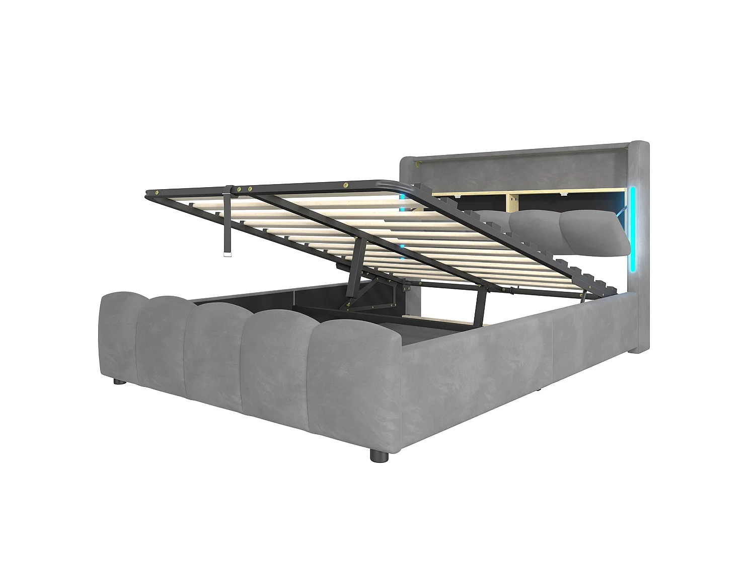 Lit coffre adulte 140x200 cm avec LED et ports USB - Velours gris
