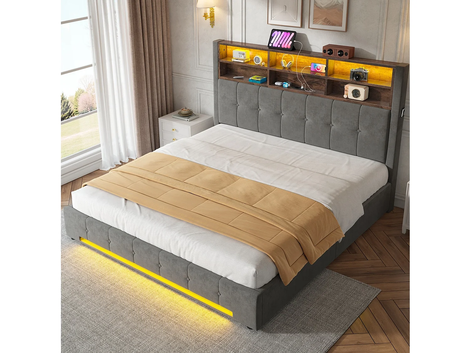 Lit coffre adulte 180x200 cm avec USB-C et LED - Lit double en velours gris foncé