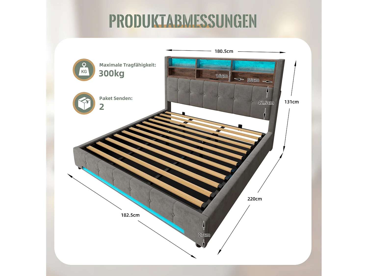 Lit coffre adulte 180x200 cm avec USB-C et LED - Lit double en velours gris foncé
