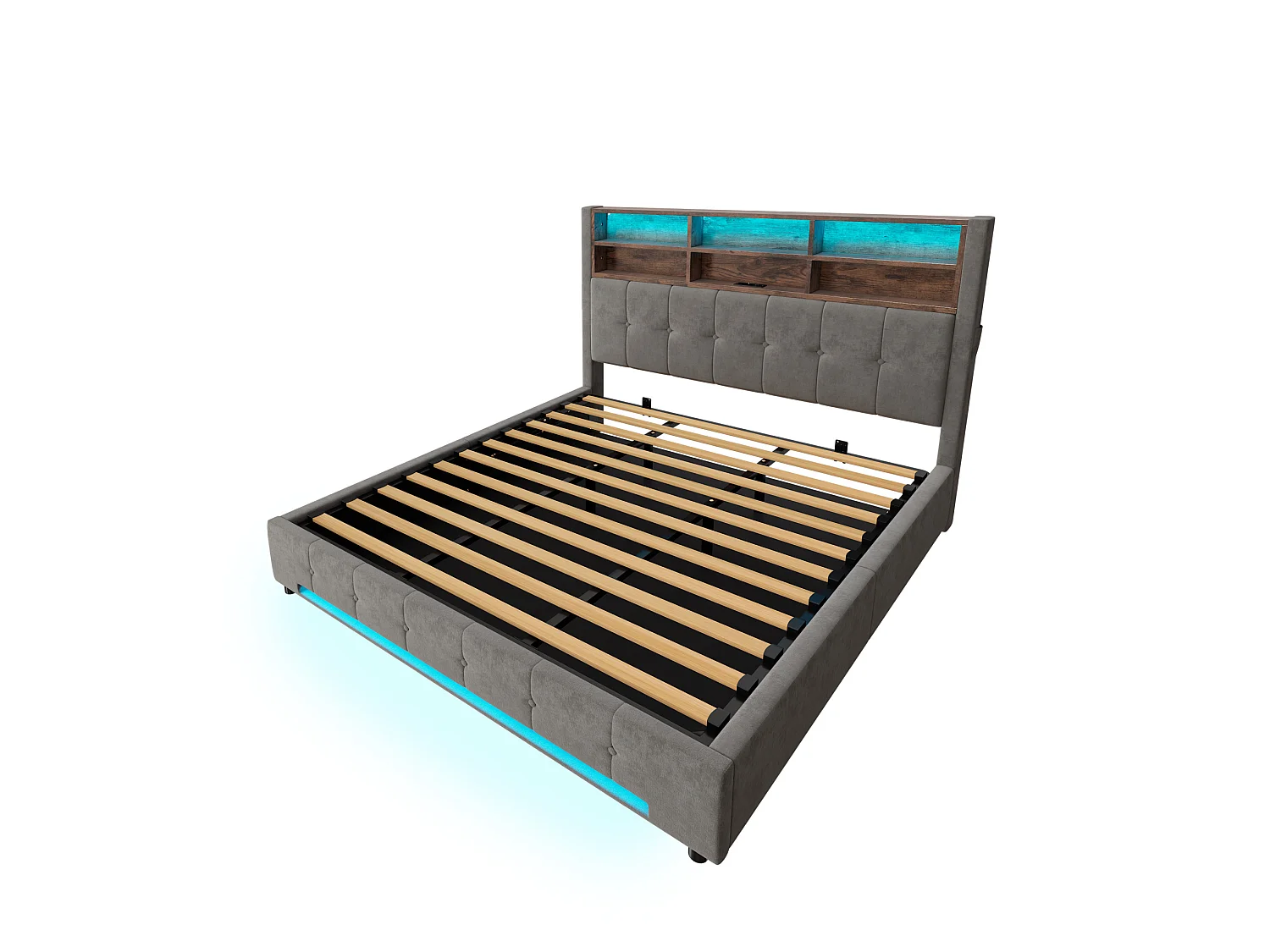 Lit coffre adulte 180x200 cm avec USB-C et LED - Lit double en velours gris foncé