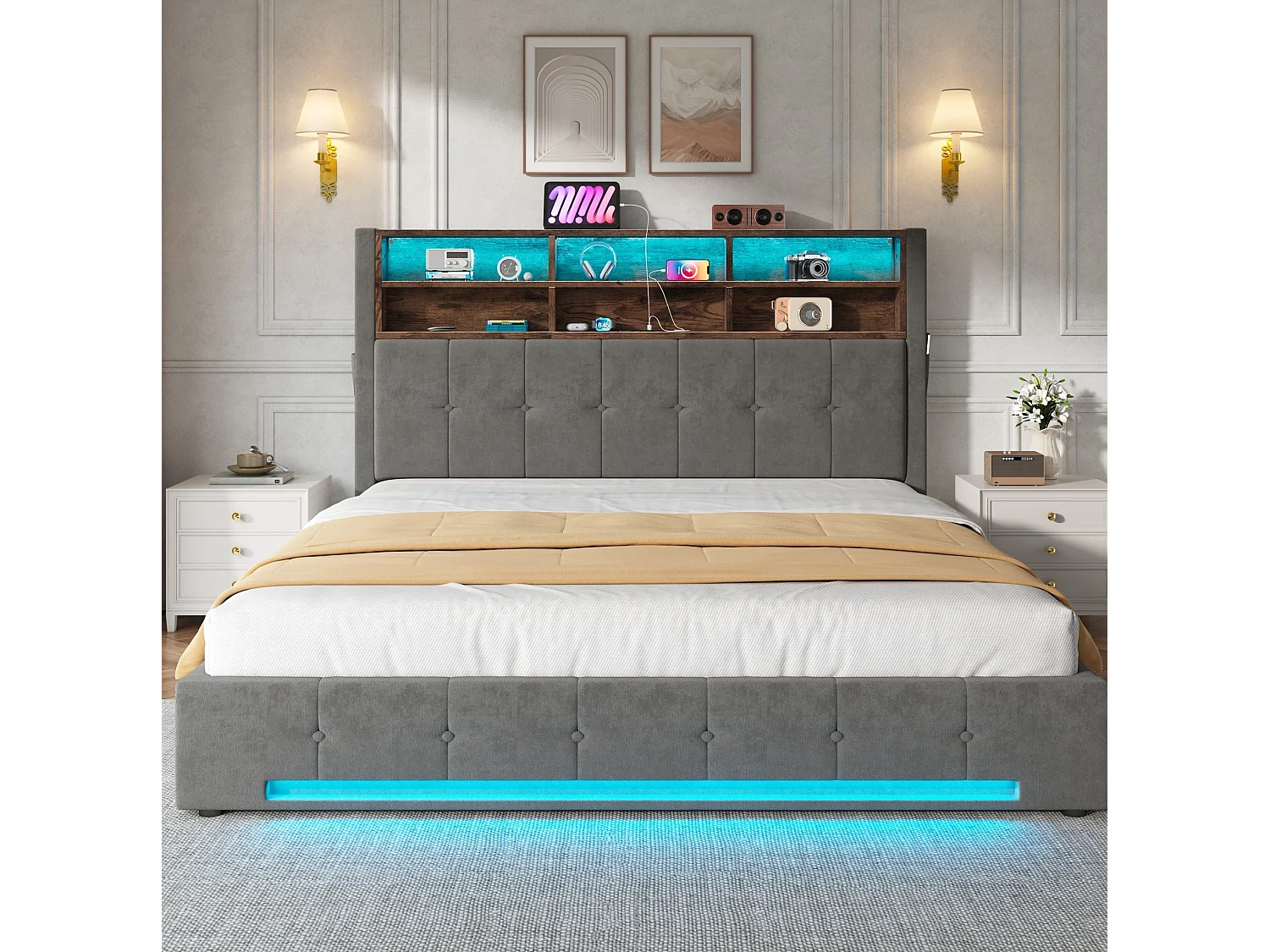Lit coffre adulte 180x200 cm avec USB-C et LED - Lit double en velours gris foncé