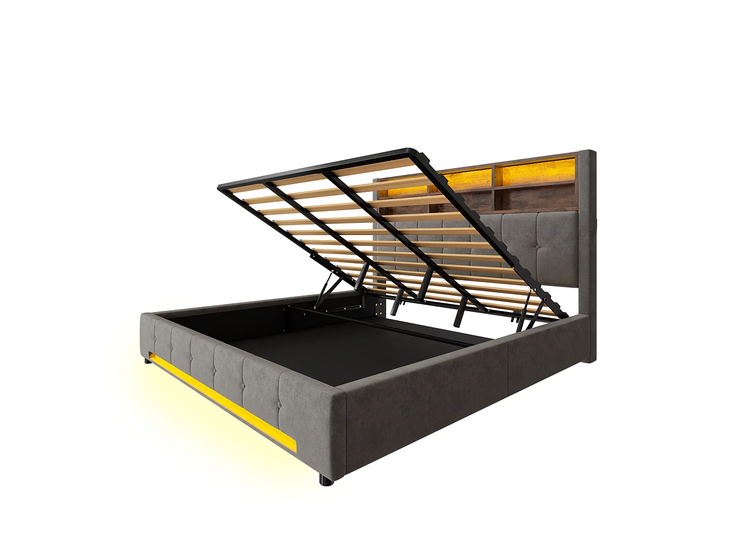 Lit coffre adulte 180x200 cm avec USB-C et LED - Lit double en velours gris foncé