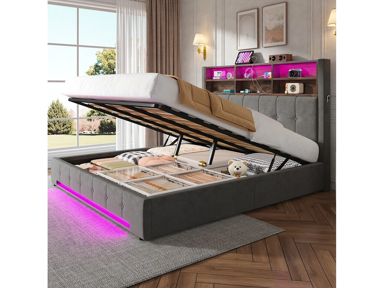 Lit coffre adulte 180x200 cm avec USB-C et LED - Lit double en velours gris foncé