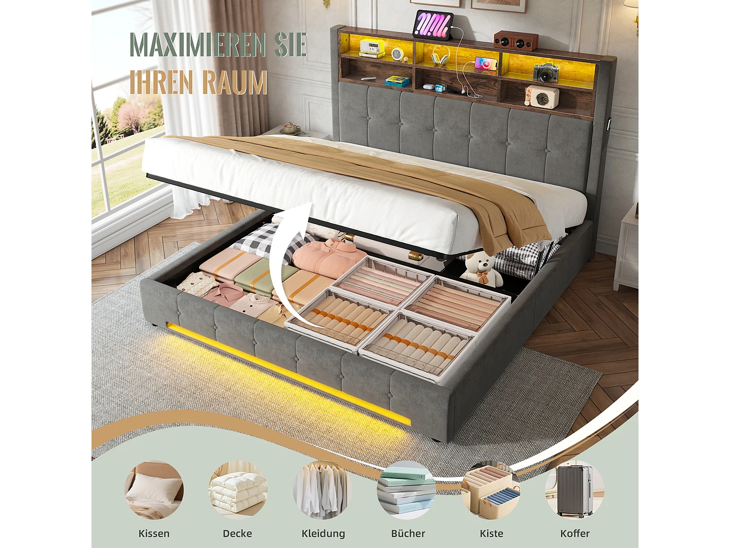 Lit coffre adulte 180x200 cm avec USB-C et LED - Lit double en velours gris foncé