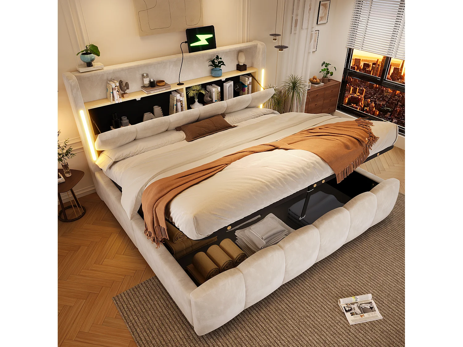 Bettkasten-Bett mit Polsterung 180 x 200 cm - mit LED-Beleuchtung - mit USB + Typ-C - Samtstoff - beige (Matratze nicht enthalten)