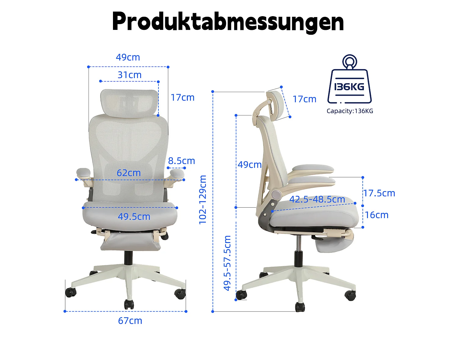 Chaise de bureau pliable avec appui-tête 3D et dossier réglable - Gris