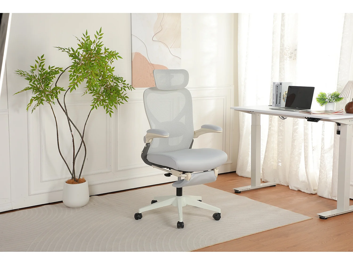 Chaise de bureau pliable avec appui-tête 3D et dossier réglable - Gris