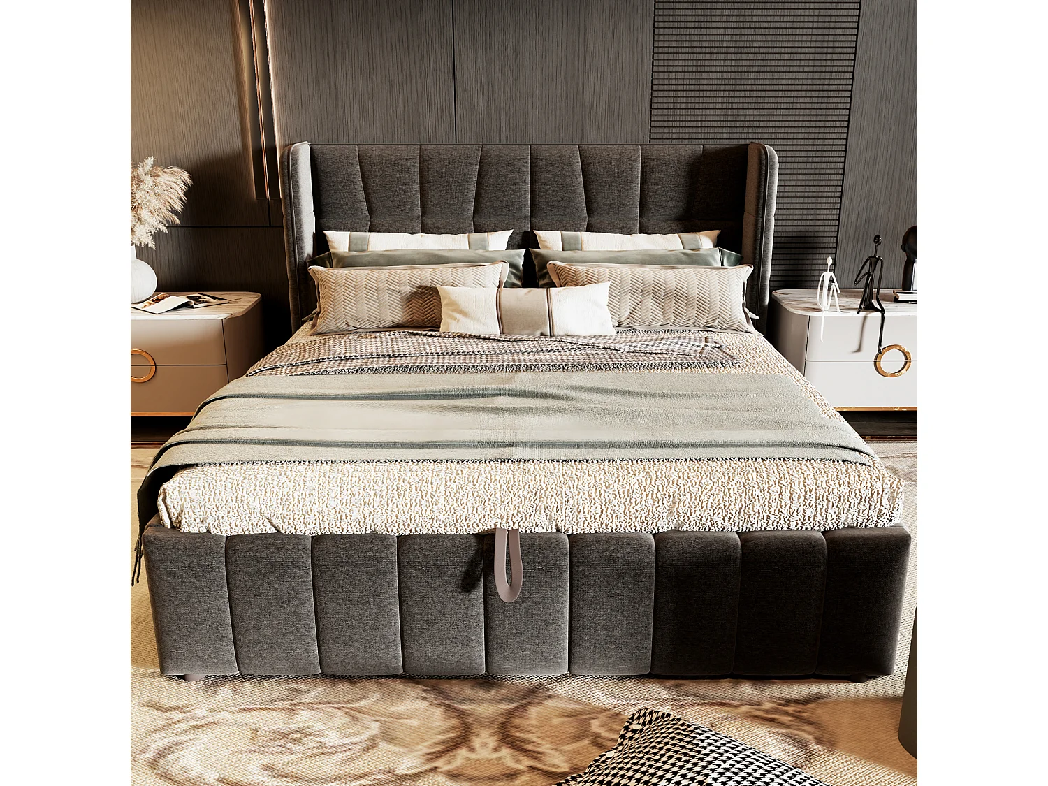 Lit coffre adulte 180x200 cm avec sommier à lattes - Lit double en lin gris