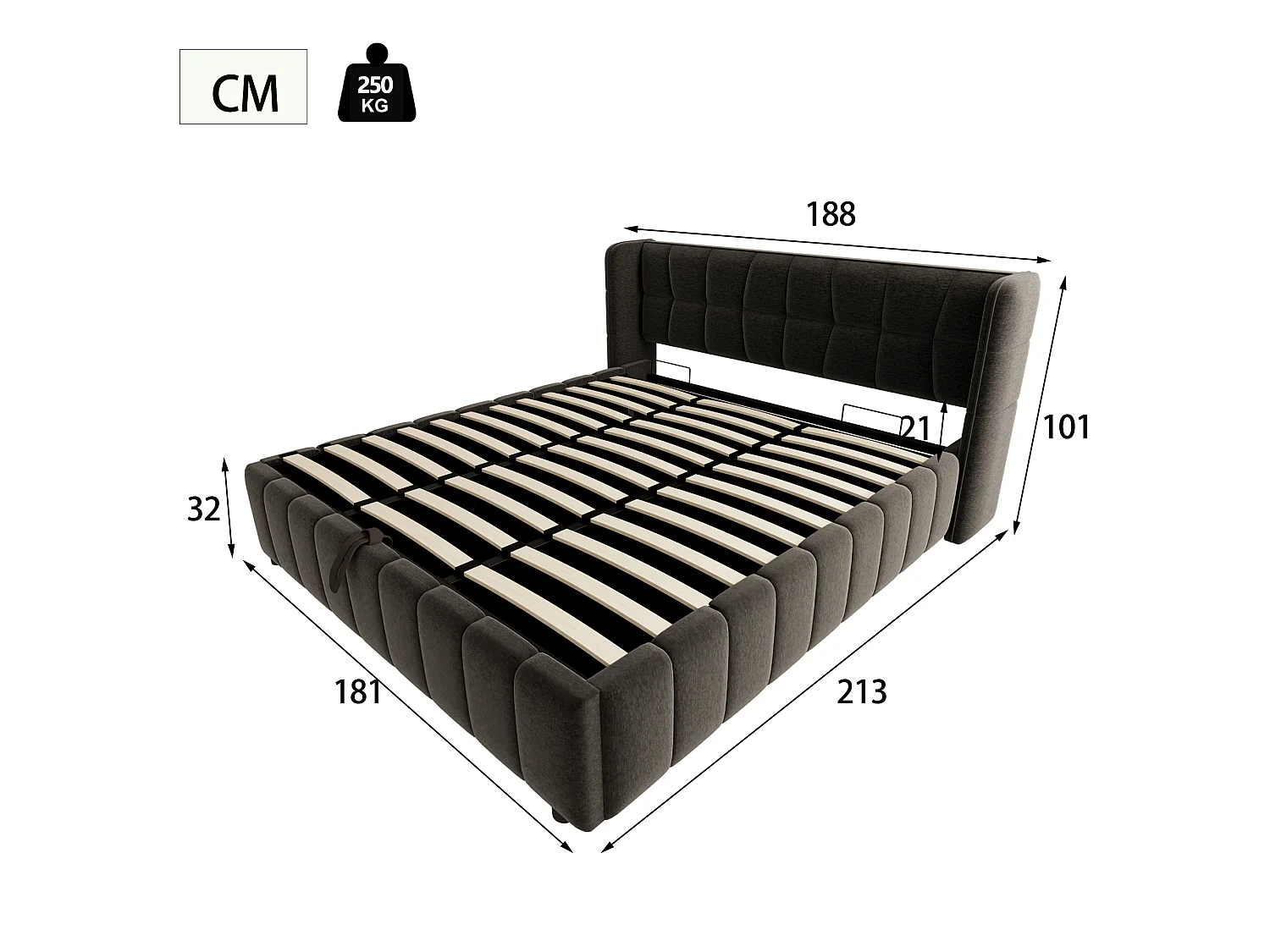 Lit coffre adulte 180x200 cm avec sommier à lattes - Lit double en lin gris