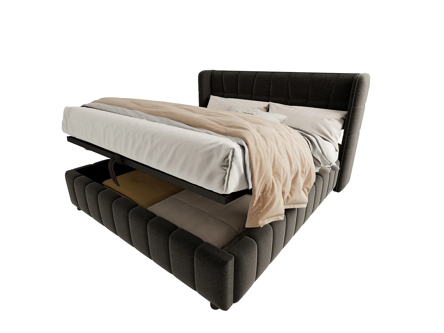 Lit coffre adulte 180x200 cm avec sommier à lattes - Lit double en lin gris