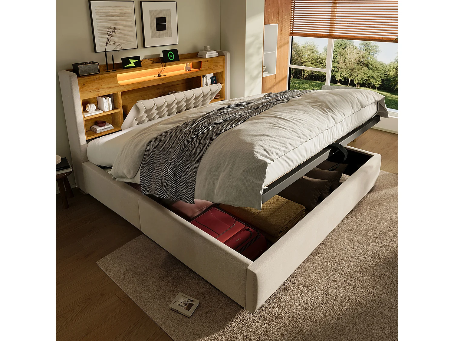Lit coffre adulte 140x200 cm avec LED et USB/Type-C - Lin beige