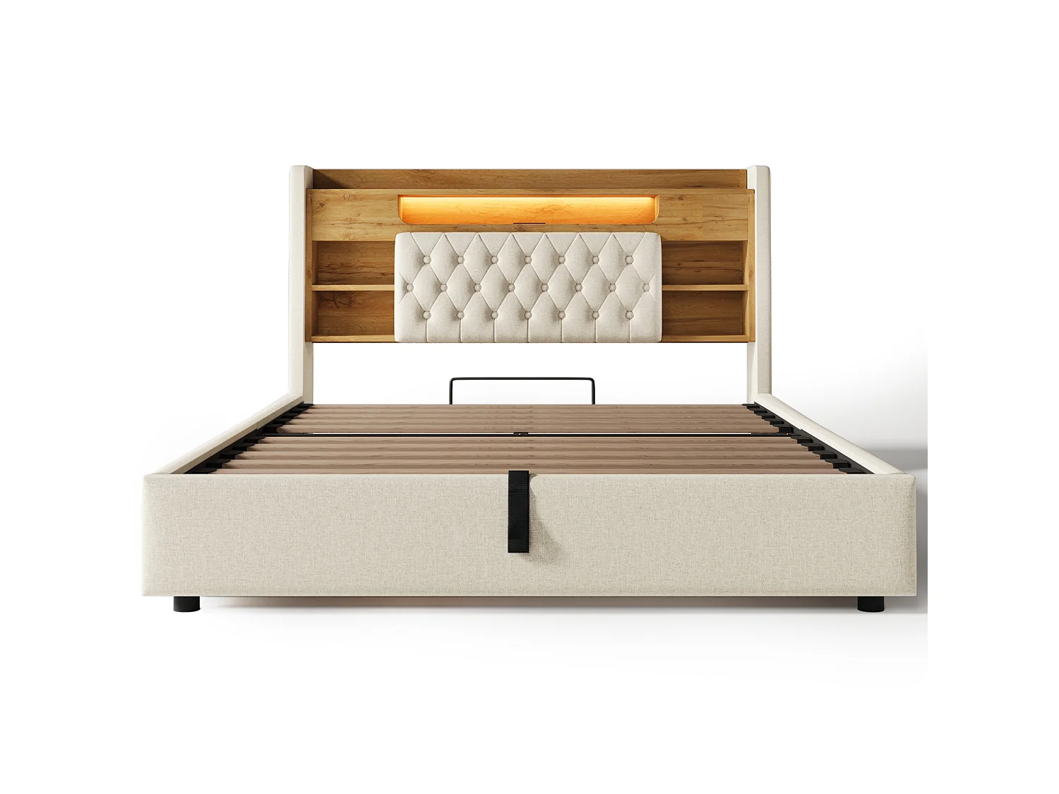 Lit coffre adulte 140x200 cm avec LED et USB/Type-C - Lin beige