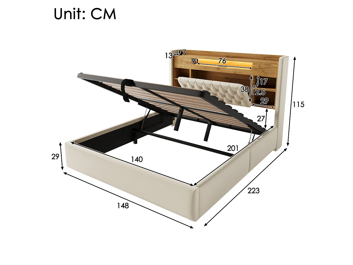 Lit coffre adulte 140x200 cm avec LED et USB/Type-C - Lin beige
