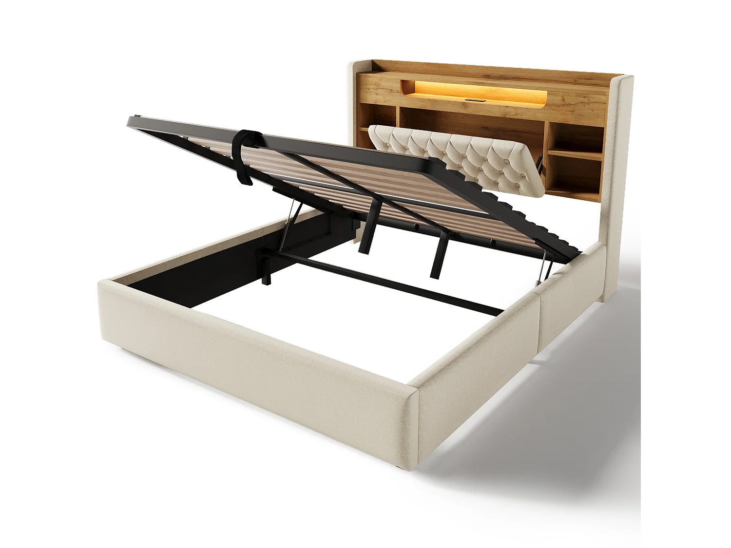 Lit coffre adulte 140x200 cm avec LED et USB/Type-C - Lin beige
