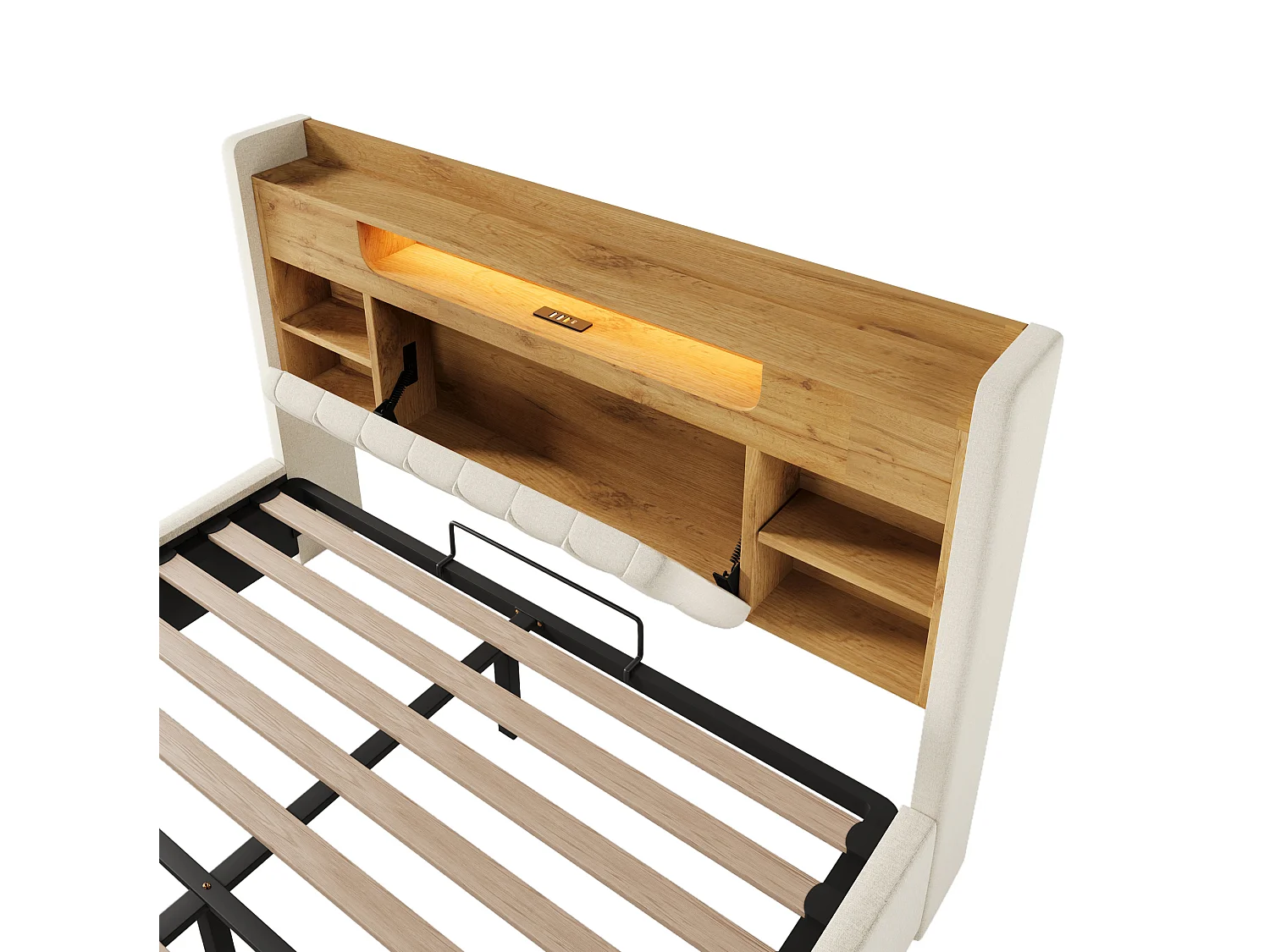 Lit coffre adulte 140x200 cm avec LED et USB/Type-C - Lin beige