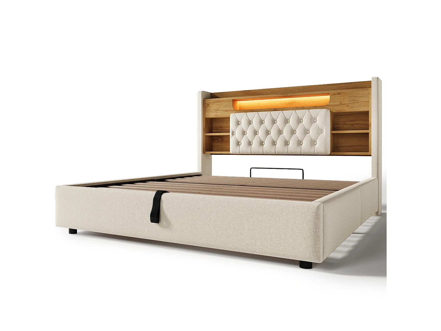 Lit coffre adulte 140x200 cm avec LED et USB/Type-C - Lin beige