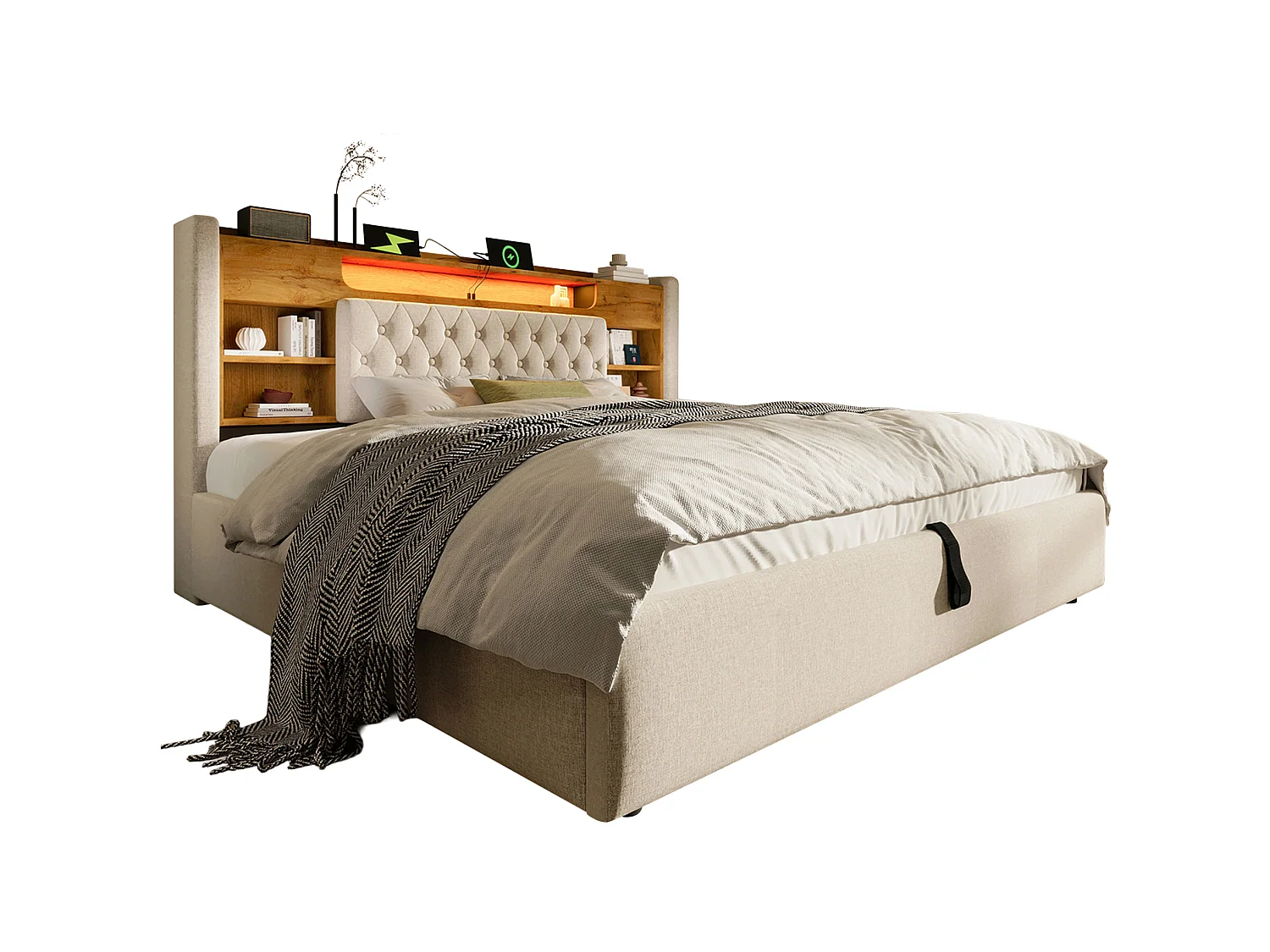 Lit coffre adulte 140x200 cm avec LED et USB/Type-C - Lin beige