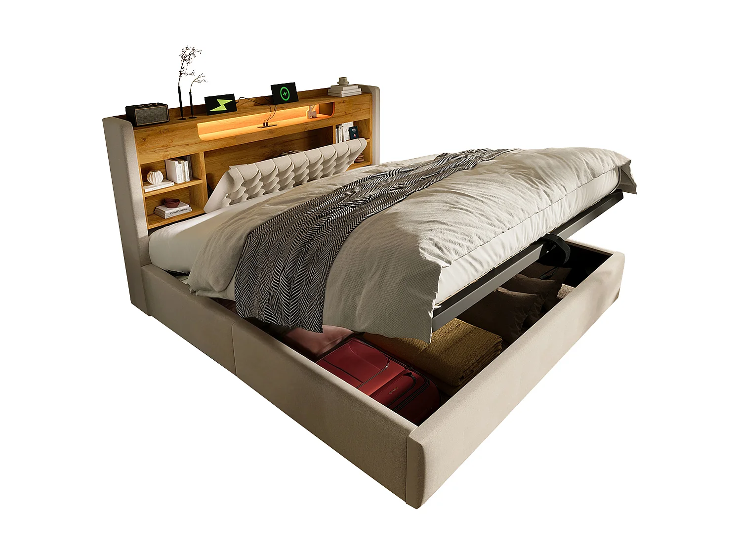 Lit coffre adulte 140x200 cm avec LED et USB/Type-C - Lin beige