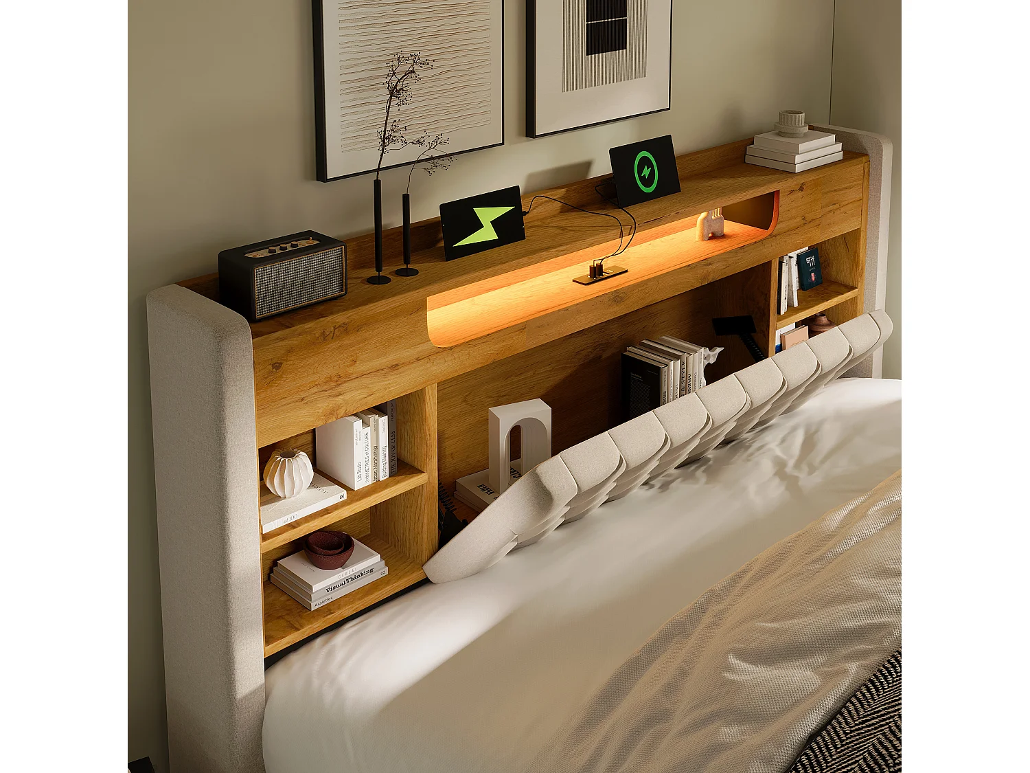 Lit coffre adulte 140x200 cm avec LED et USB/Type-C - Lin beige