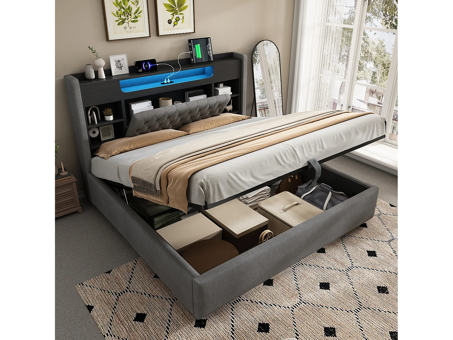 Lit coffre adulte 140x200 cm avec LED et USB/Type-C - Lin gris