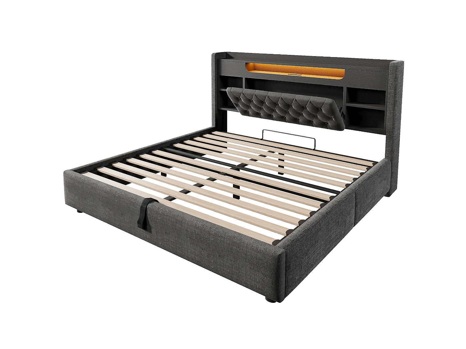 Lit coffre adulte 140x200 cm avec LED et USB/Type-C - Lin gris
