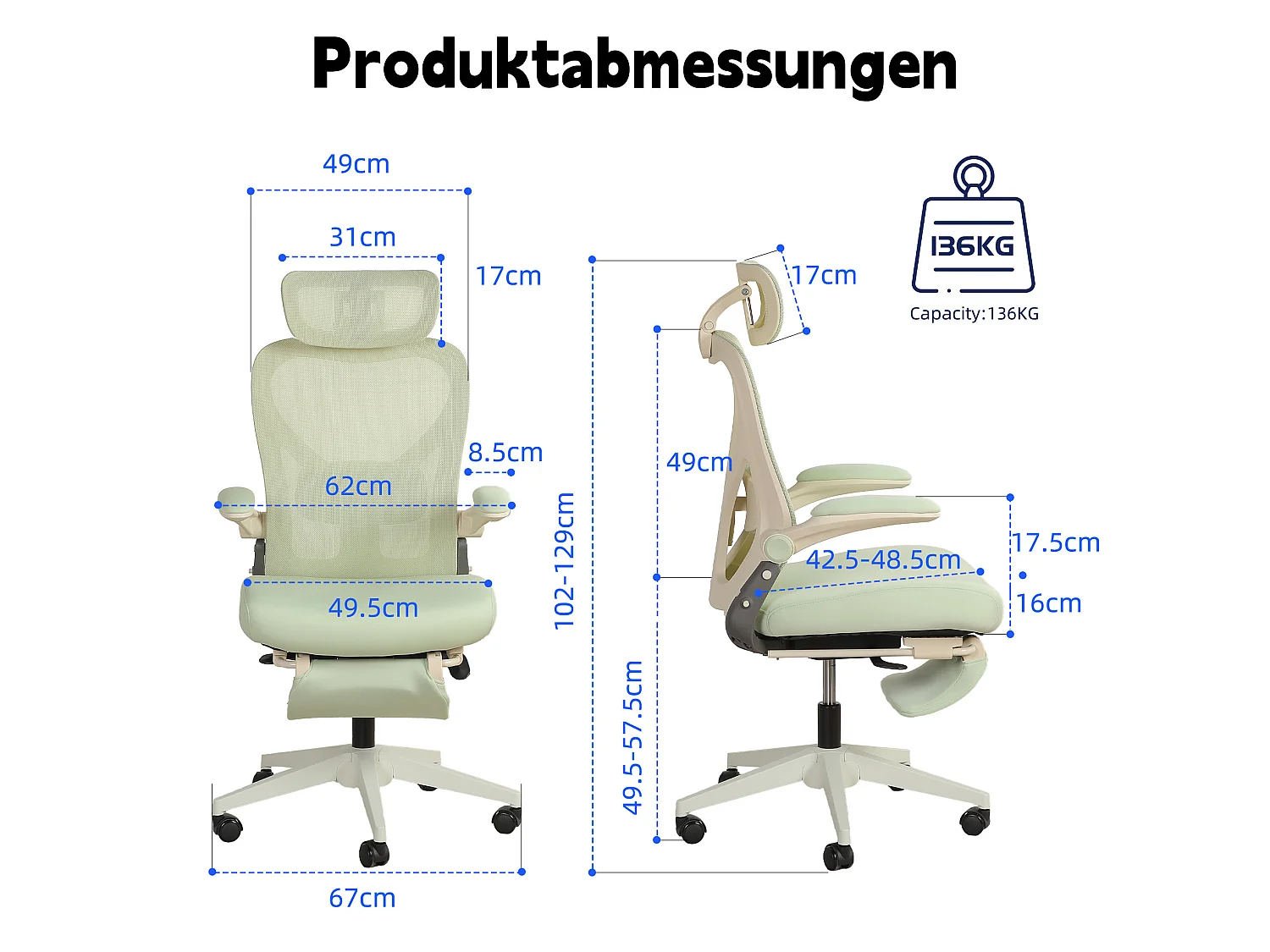 Chaise de bureau pliable avec appui-tête 3D et dossier réglable - Vert