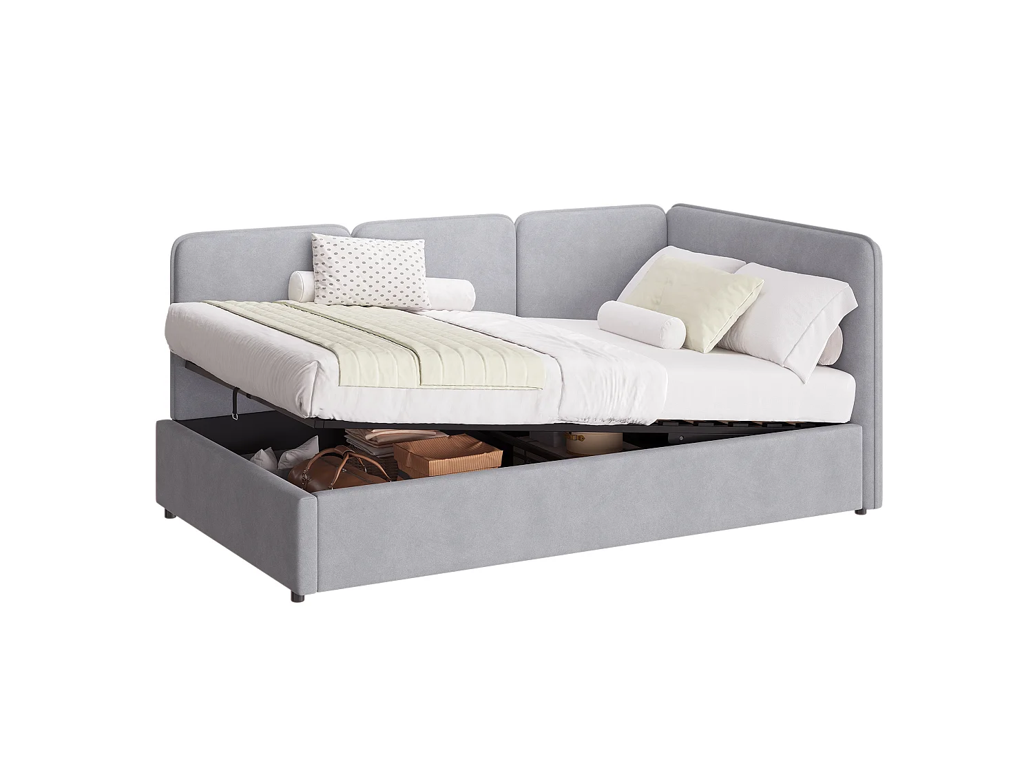Lit coffre enfant 90x200 cm en velours - Lit banquette réversible gauche/droite gris