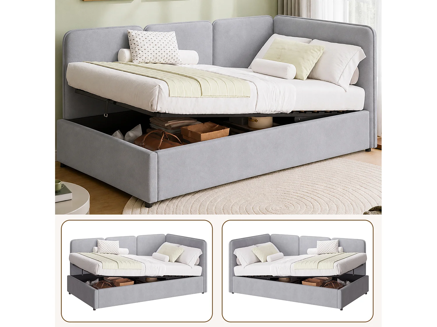 Lit coffre enfant 90x200 cm en velours - Lit banquette réversible gauche/droite gris