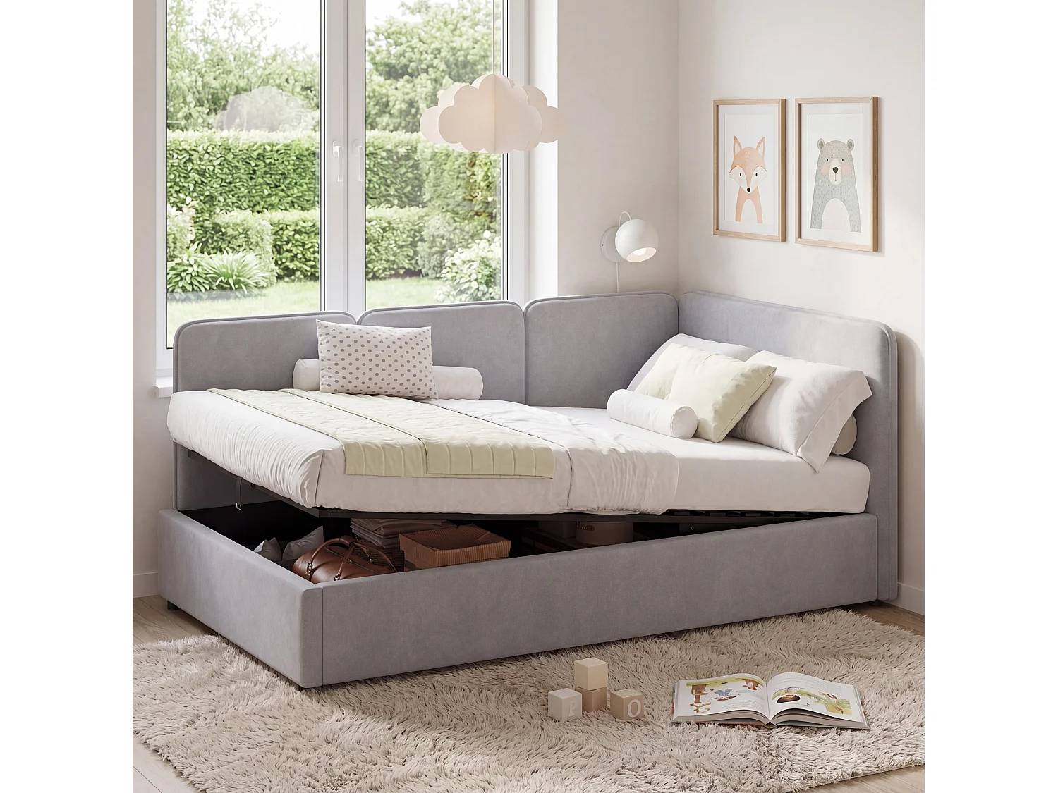 Lit coffre enfant 90x200 cm en velours - Lit banquette réversible gauche/droite gris