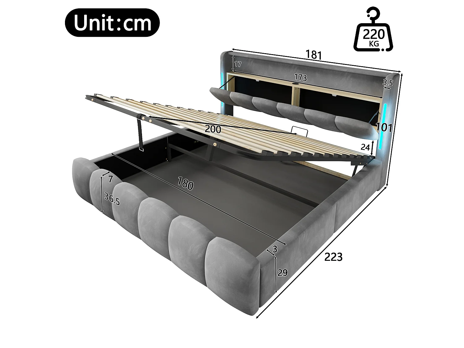 Lit coffre adulte 180x200 cm avec LED et ports USB - Lit double en velours gris