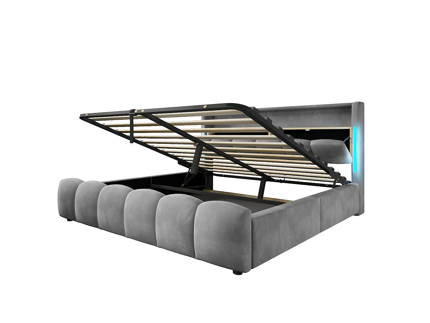 Lit coffre adulte 180x200 cm avec LED et ports USB - Lit double en velours gris