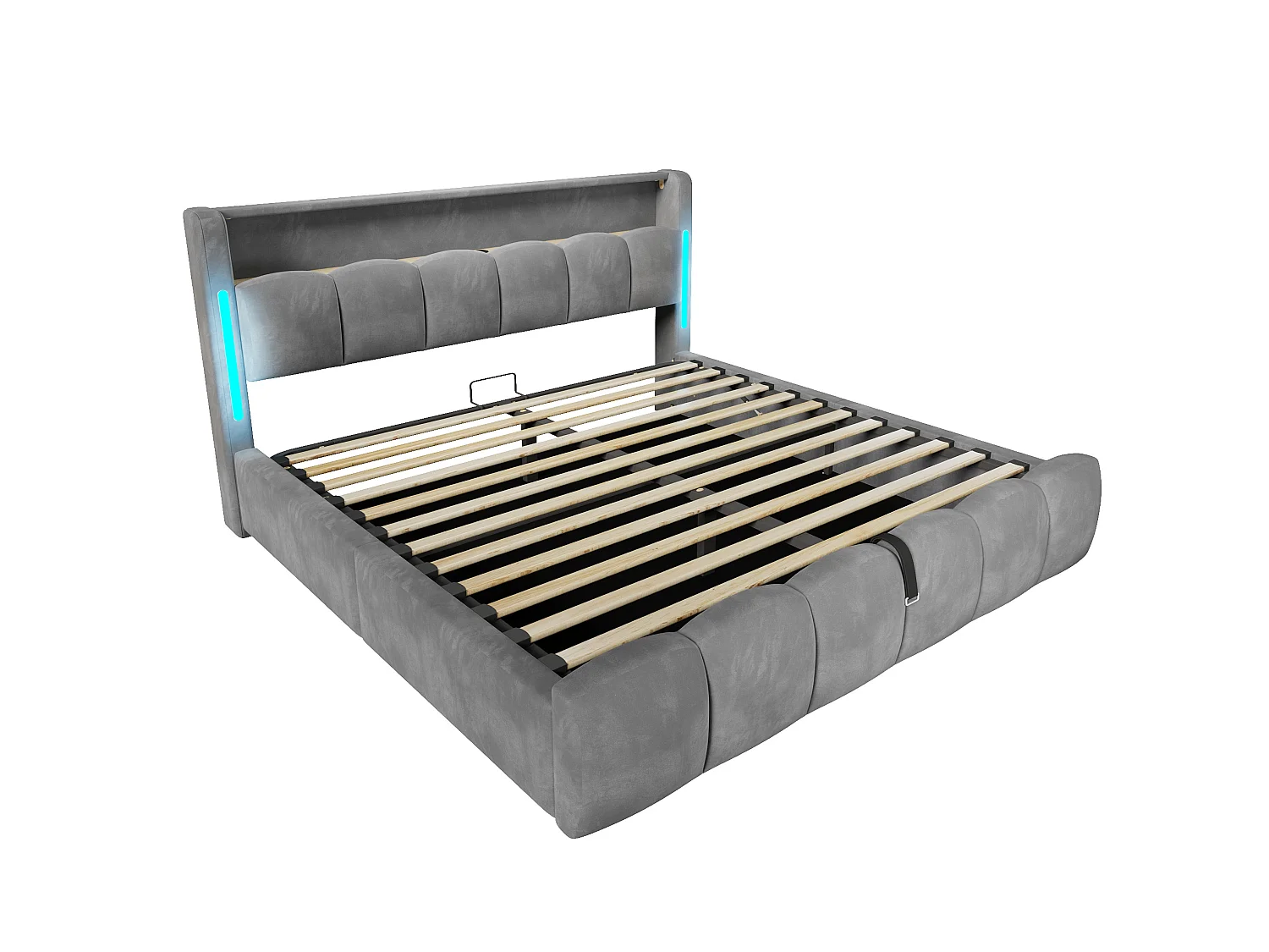 Lit coffre adulte 180x200 cm avec LED et ports USB - Lit double en velours gris