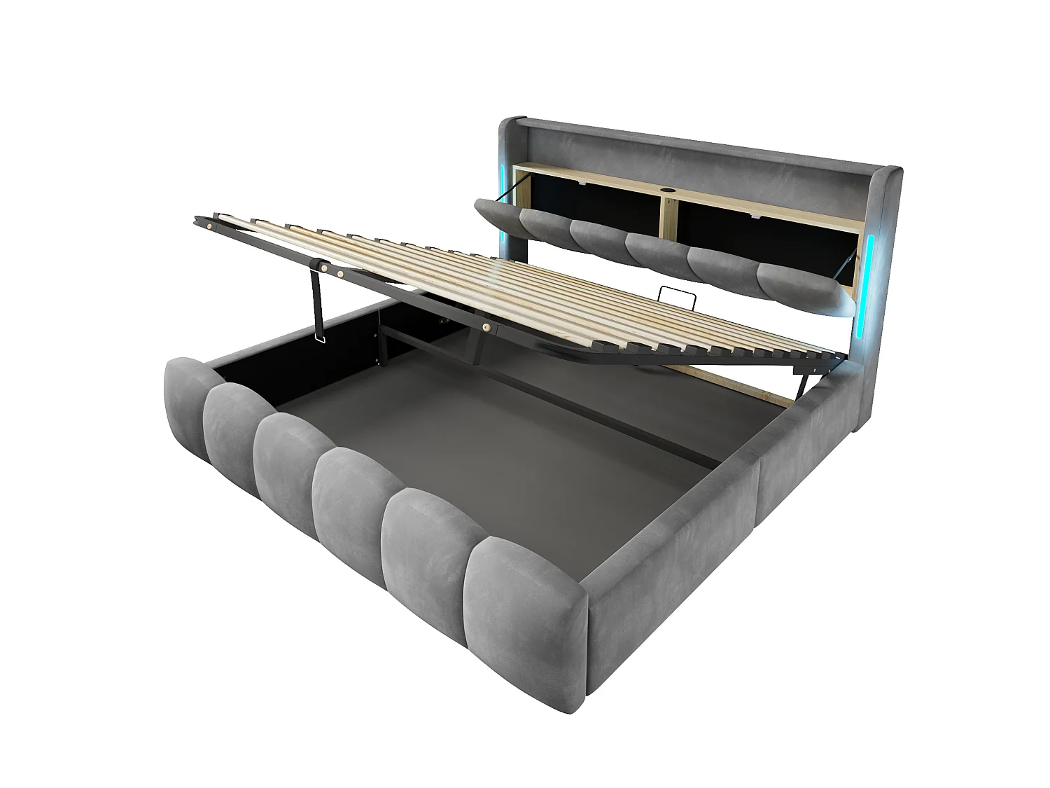 Lit coffre adulte 180x200 cm avec LED et ports USB - Lit double en velours gris