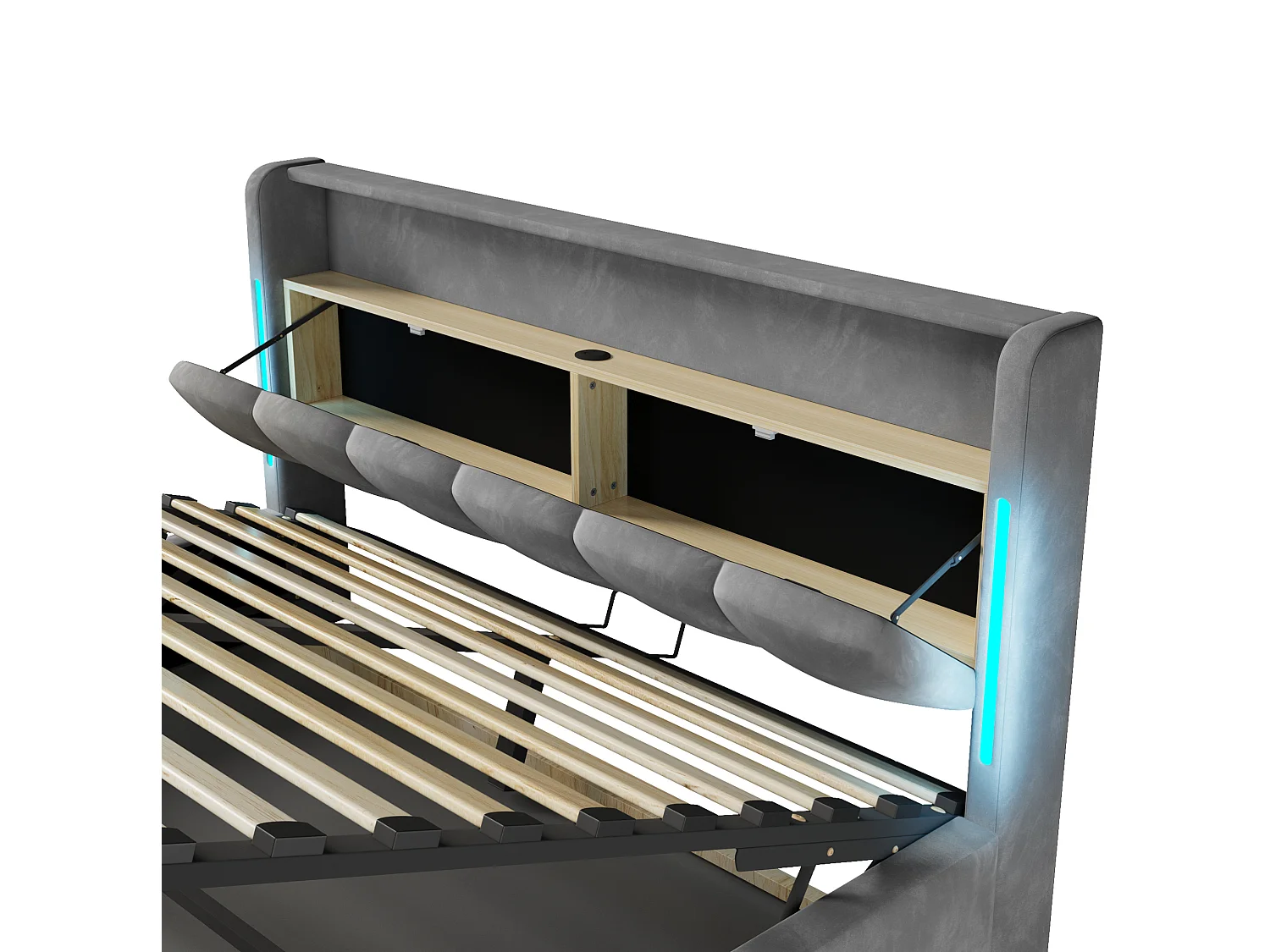 Lit coffre adulte 180x200 cm avec LED et ports USB - Lit double en velours gris