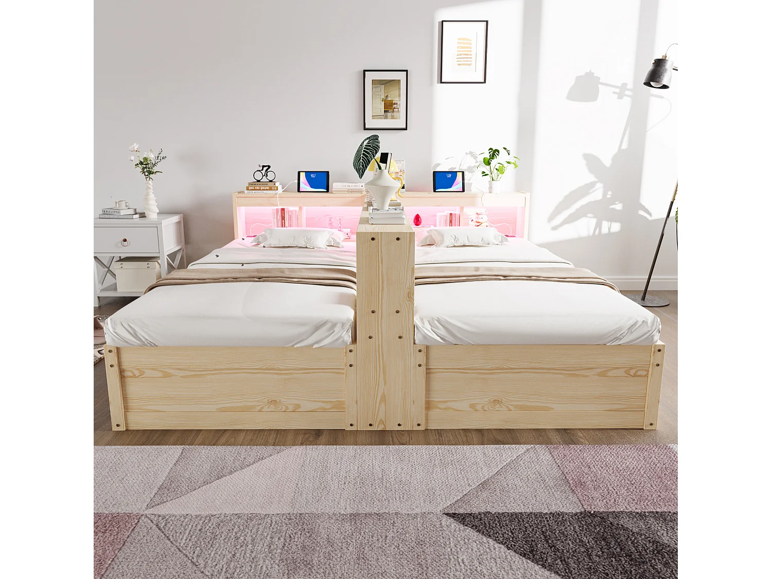 Lit coffre enfant 90/180x200 cm avec LED, prises intégrées et rangements - Bois en MDF - Naturel clair